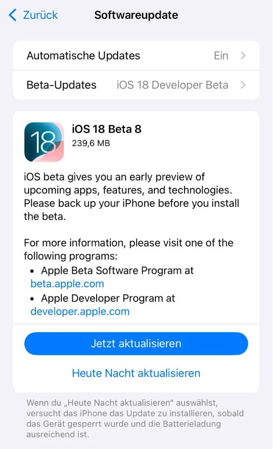 科尔沁左翼后苹果手机维修分享苹果 iOS / iPadOS 18 开发者预览版 Beta 8 发布 